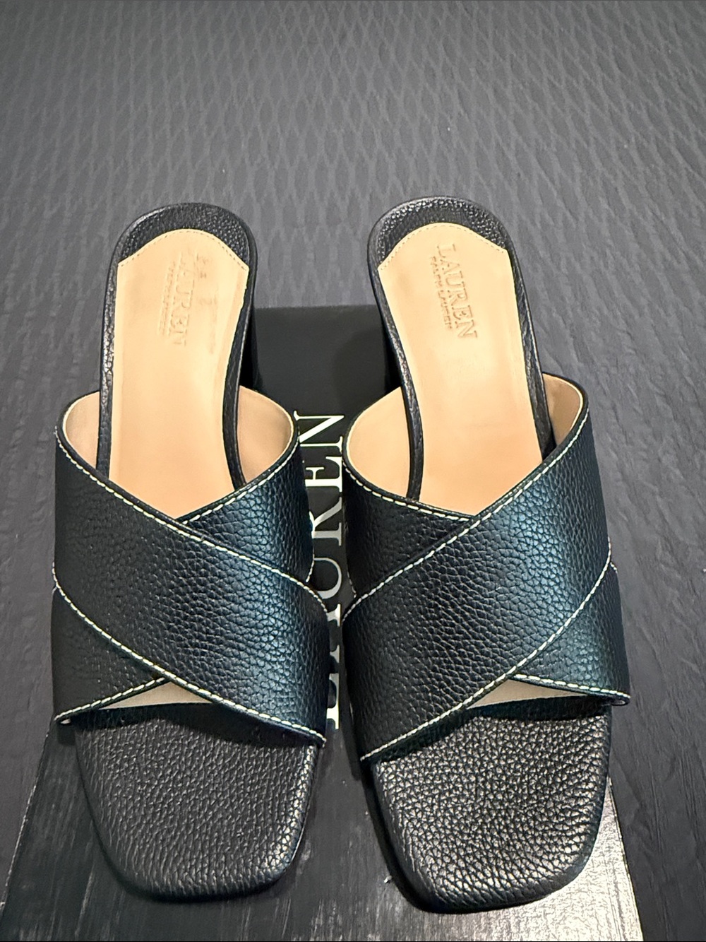 Lauren Ralph Lauren Black Crisscross Leather Slide Mules